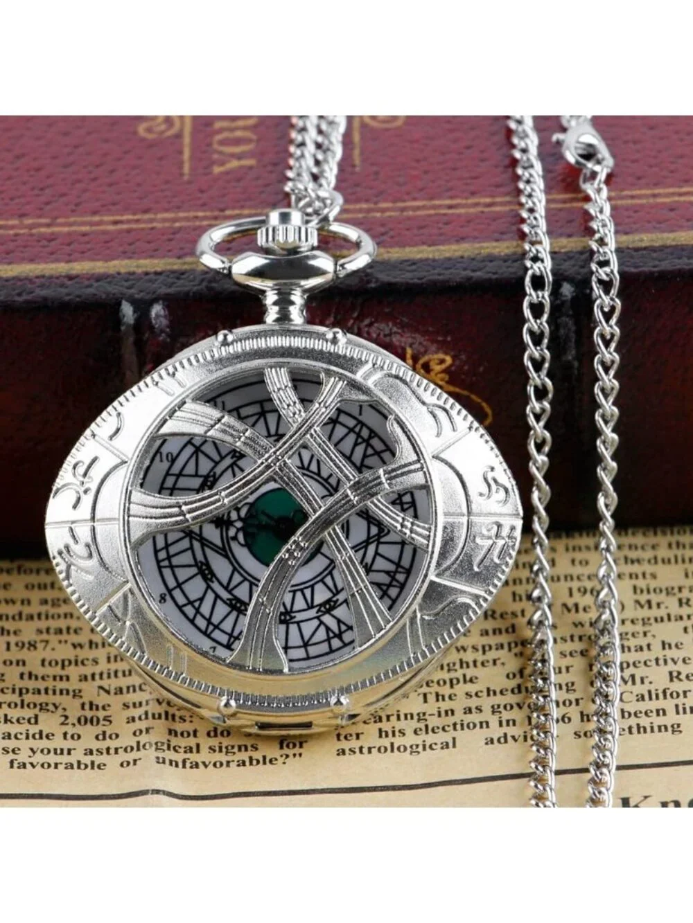 Men's Silver Analog Quartz Green Eyes Shape Pendant Necklace Round Pocket Watch